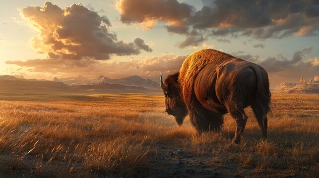 Bison grazing in golden sunset prairie.