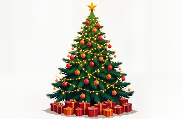 Obraz premium Festive decorated Christmas tree with bright lights, colorful ornaments. Presents are placed under tree. Cheerful, warm image of Christmas celebration. Perfect for holiday designs, cards, or websites.