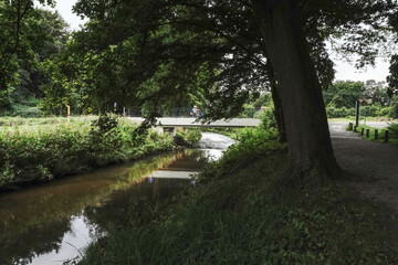 A park with a river gently winding through greenery and trees