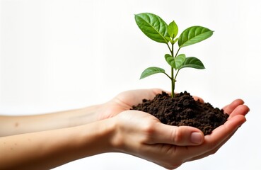 Hands hold small plant growing in dirt. Care, protection of nature. New life, growth concept. Eco friendly gardening. Sustainable agriculture. Young plant in human hands. Ideal for eco conservation