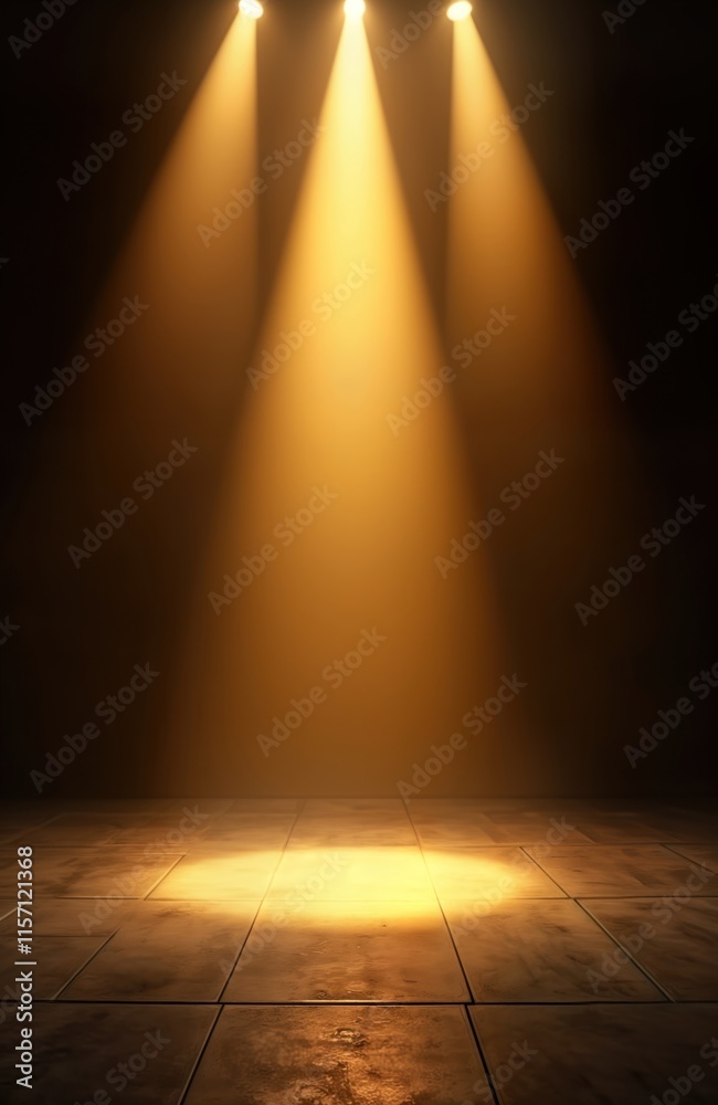 Poster golden spotlight illuminates dark stage. light rays highlight center area. perfect for theatrical ci