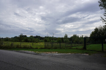 An evening park under a cloudy sky, with silhouettes of wind turbines visible in the distance