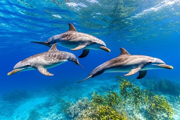 A tranquil light green ocean scene with dolphins and vibrant seaweed, ideal for underwater themes and marine conservation initiatives.
