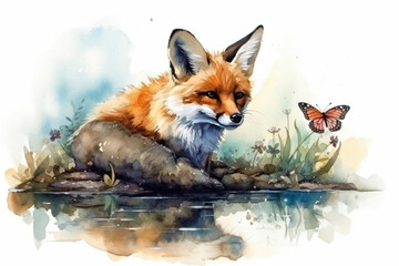 Obraz premium fox near the water and butterflies around., watercolor style, 