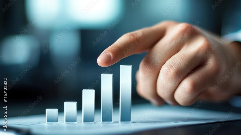 Poster Business Growth Representation with a Hand Pointing at Increasing Bar Graphs on a Document to Symbolize Financial Success and Data Analysis in a Professional Setting