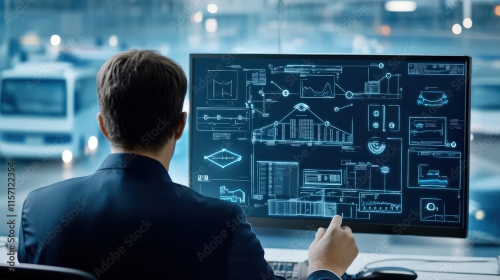 Poster Business Professional Analyzing Advanced Data and Graphs on Computer Screen in Modern Office with Urban Background, Reflecting Technology and Innovation