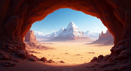 Fototapeta premium 砂漠の洞窟から望む、雪を頂いたピラミッド型の山々