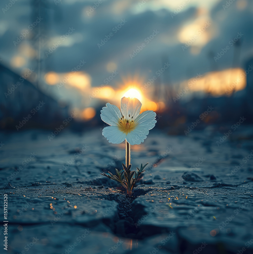 Poster a small flower emerging from a crack in the dry asphalt, its petals beginning to bloom under a soft,
