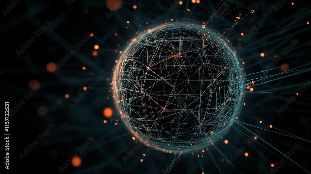 Poster Abstract spherical representation of interconnected lines and glowing particles, illustrating the concept of digital networks and global connectivity in a visually captivating manner