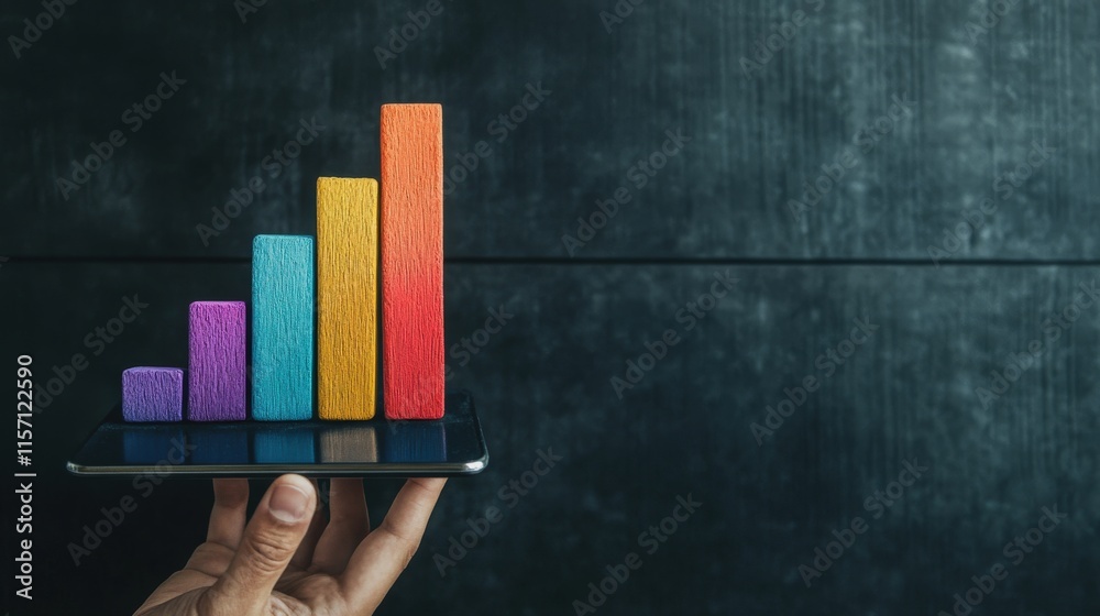 Poster Colorful wooden blocks forming a bar graph on a tablet, representing growth and data analysis in a modern business environment.
