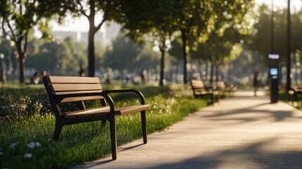 Fototapeta premium Serene City Park Scene with Sunlight Filtering Through Trees Illuminating Empty Benches on a Beautiful Spring Day Surrounded by Green Grass and Natural Beauty
