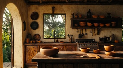 Fototapeta premium Rustic kitchen with wooden bowls, island, and tropical view.