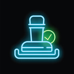 Glowing neon line stamp icon isolated on black background. Approved or certified symbol. Green circle button. Vector illustration