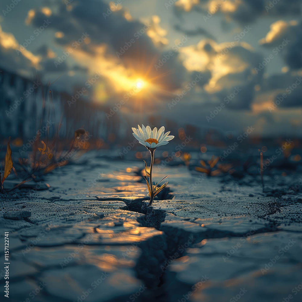 Poster a small flower emerging from a crack in the dry asphalt, its petals beginning to bloom under a soft,