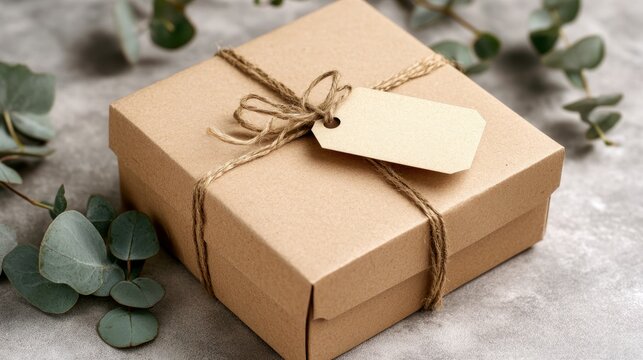 Sustainable kraft box with a blank tag, placed on a neutral background with a sprig of eucalyptus for a natural touch