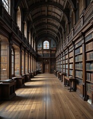 Grand Old Library Hallway With Wooden Bookshelves