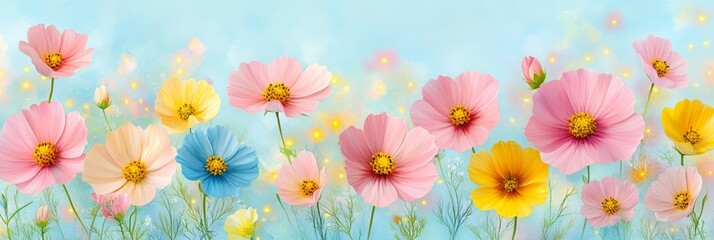 Dreamy Floral Meadow with Pink, Yellow, and Blue Blooms - Whimsical Floral Background