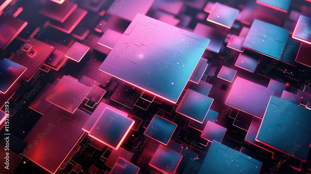 Aufkleber abstract geometric shapes, metallic and neon surfaces, floating in a dark void, futuristic and high-