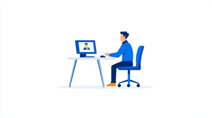 A desk-bound office worker chats with a coworker via video call.