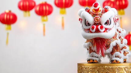 Obraz premium A modern gold stage adorned with a traditional Chinese lion dance figure and glowing red lanterns, symbolizing prosperity, culture, and festivity.