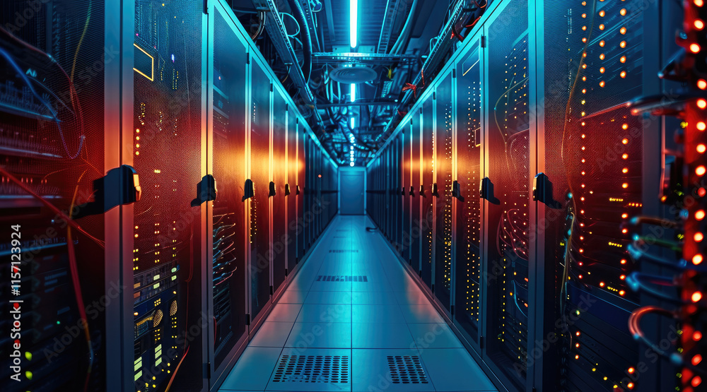 Poster A server in a server room. server rack with neatly organized cables and switches.