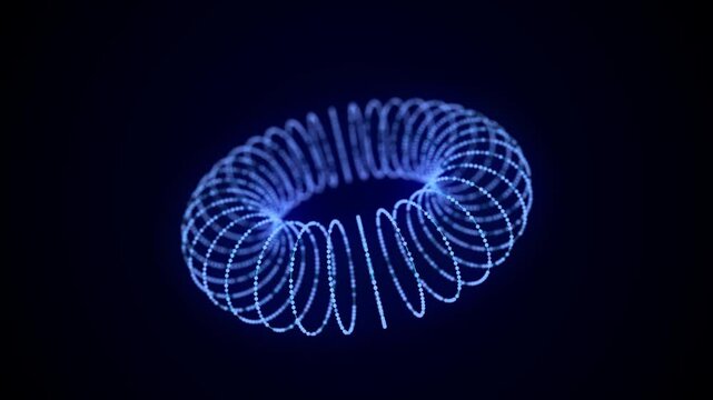 Abstract blue torus on black background. Wireframe circle structure with glowing particles and lines. Futuristic digital illustration. 3D rendering.