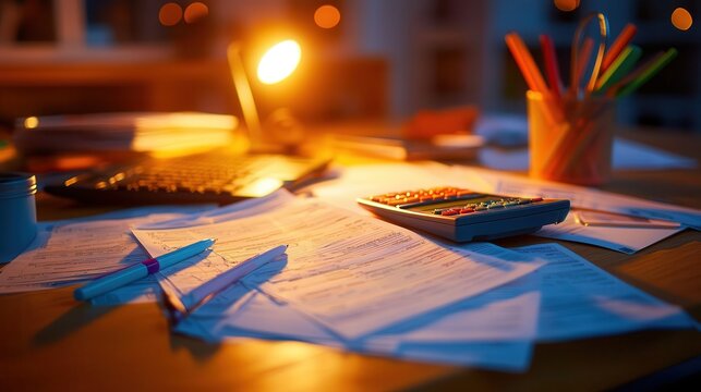 A desk with neatly organized bank statements, a calculator, and colorful highlighters.