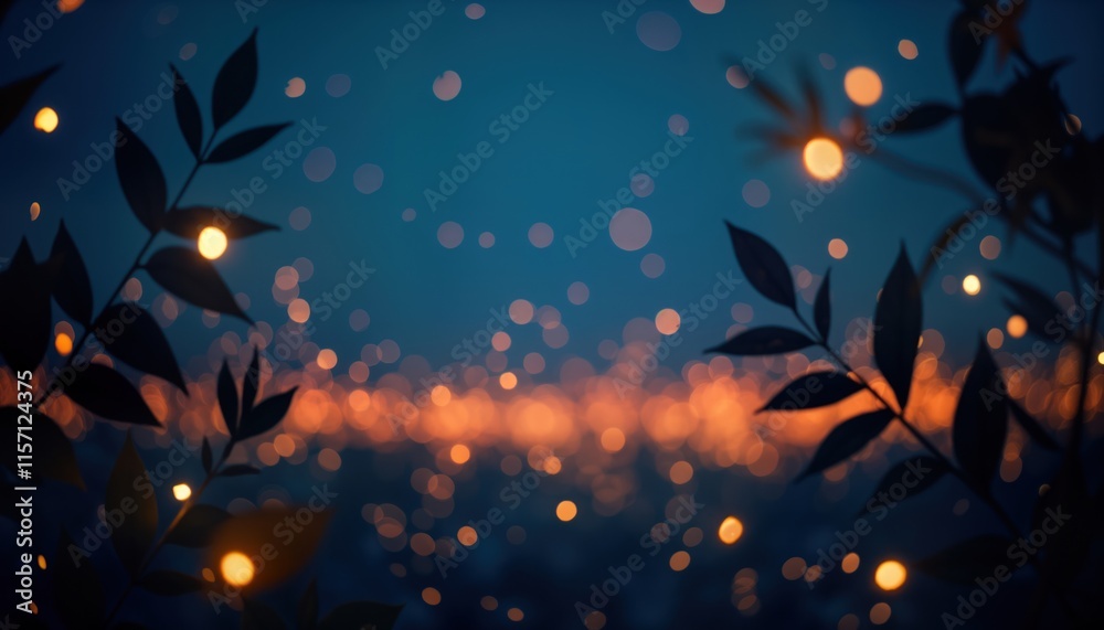 Aufkleber Night sky background with glowing stars and bokeh lights. Silhouettes of leaves create a mystical atmosphere. Abstract design suitable for various uses.
