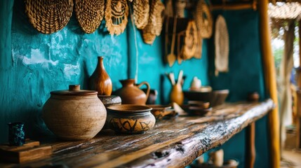 Rustic wooden shelf with ancient pottery and handcrafted items against a teal wall.