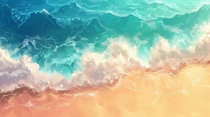 A vibrant digital illustration of ocean waves lapping onto a sandy beach.
