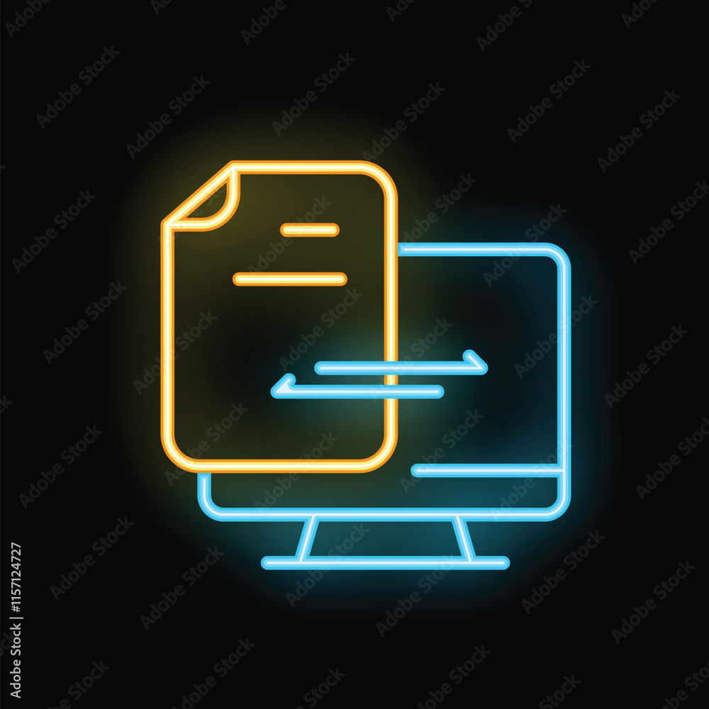 Poster neon icon of a document transferring data with arrows to a desktop computer
