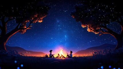 A family sitting around a campfire, roasting marshmallows, and telling stories under the stars.