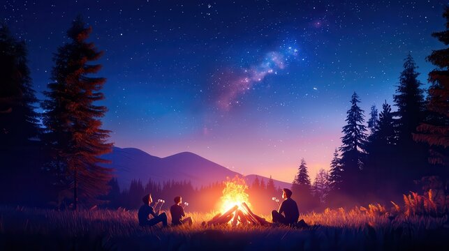 A family sitting around a campfire, roasting marshmallows, and telling stories under the stars.