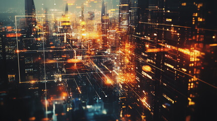 Fototapeta premium Smart digital Innovation city with connection network reciprocity over the cityscape. of future smart wireless digital city and social media networking systems that connects people with in city