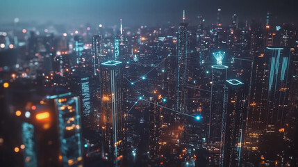 Fototapeta premium Smart digital Innovation city with connection network reciprocity over the cityscape. of future smart wireless digital city and social media networking systems that connects people with in city