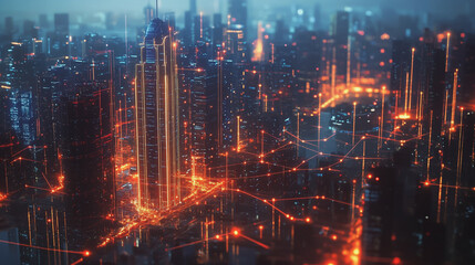 Obraz premium Smart digital Innovation city with connection network reciprocity over the cityscape. of future smart wireless digital city and social media networking systems that connects people with in city