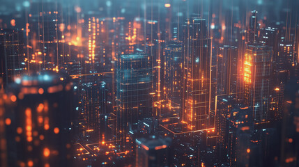 Naklejka premium Smart digital Innovation city with connection network reciprocity over the cityscape. of future smart wireless digital city and social media networking systems that connects people with in city