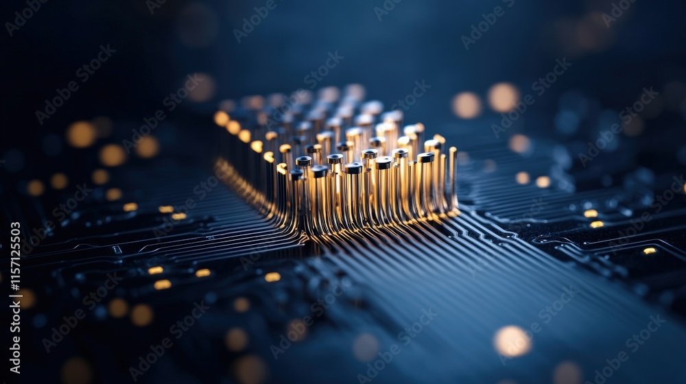 Aufkleber Intricate Details of a Futuristic Microchip Design Surrounded by Glowing Lights on a Dark Circuit Board Background Representing Technology Progress
