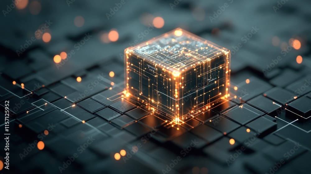 Poster Futuristic Concept of a Glowing Neon Cube Representing Advanced Technology and Digital Transformation with Sparkling Lights on a Dark Background