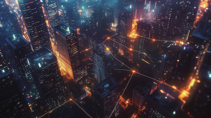 Obraz premium Smart digital Innovation city with connection network reciprocity over the cityscape. of future smart wireless digital city and social media networking systems that connects people with in city