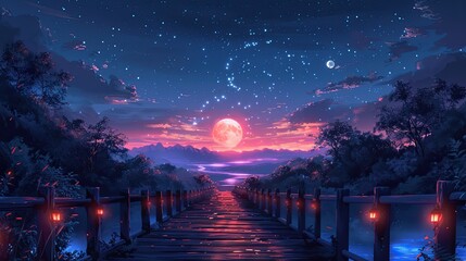 Obraz premium flat design, illustration, The Bridge of Moonlight: A nighttime journey under a sky full of stars