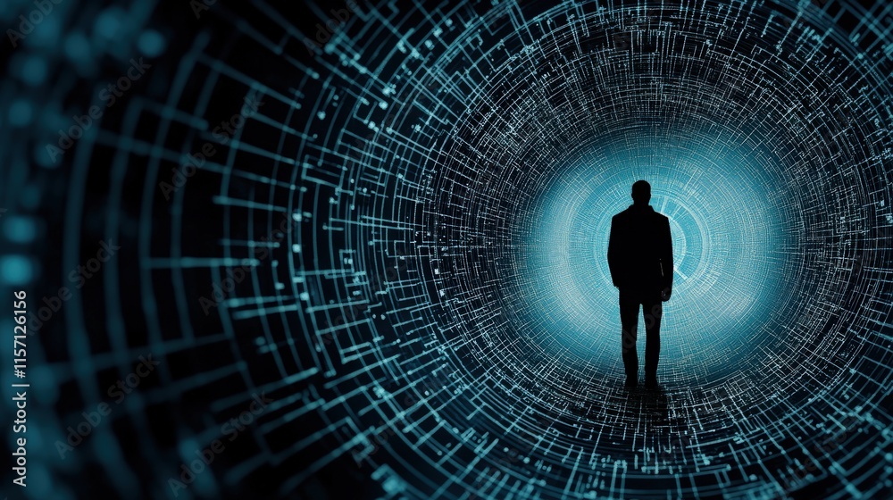 Aufkleber silhouette of a businessman standing at the end of a futuristic digital tunnel representing technolo