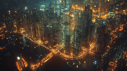 Fototapeta premium Smart digital Innovation city with connection network reciprocity over the cityscape. of future smart wireless digital city and social media networking systems that connects people with in city