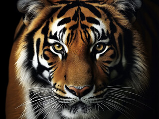 Naklejka premium Majestic tiger intensifies gaze in a dark backdrop showcasing its striking fur and fierce expression