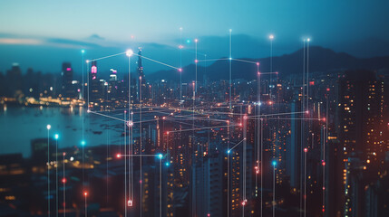 Fototapeta premium Smart digital Innovation city with connection network reciprocity over the cityscape. of future smart wireless digital city and social media networking systems that connects people with in city