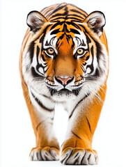Fototapeta premium Majestic tiger walking toward the viewer with piercing eyes and striking fur in a vibrant display of nature\'s power