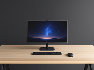 Computer, monitor, screen, keyboard, mouse, desk, workspace, office, technology, display, workstation, PC, electronic, device, modern, sleek, minimalist, professional, setup, equipment, digital, blank