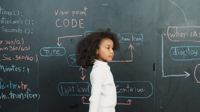 African girl smiling and waving at camera while standing at board with engineering prompt or coding, programing system written in STEM classroom. Child looking at camera while greeting. Erudition.
