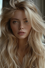 Fototapeta premium A girl 28 years old with long voluminous blonde hair.