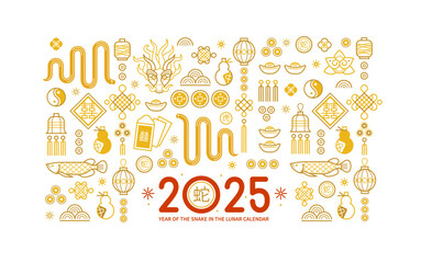 Vector square card pattern with symbols of the Snake Zodiac sign, Symbol of 2025 in the Chinese Lunar calendar. Line art China design. Chinese snake illustration. China translate: Snake